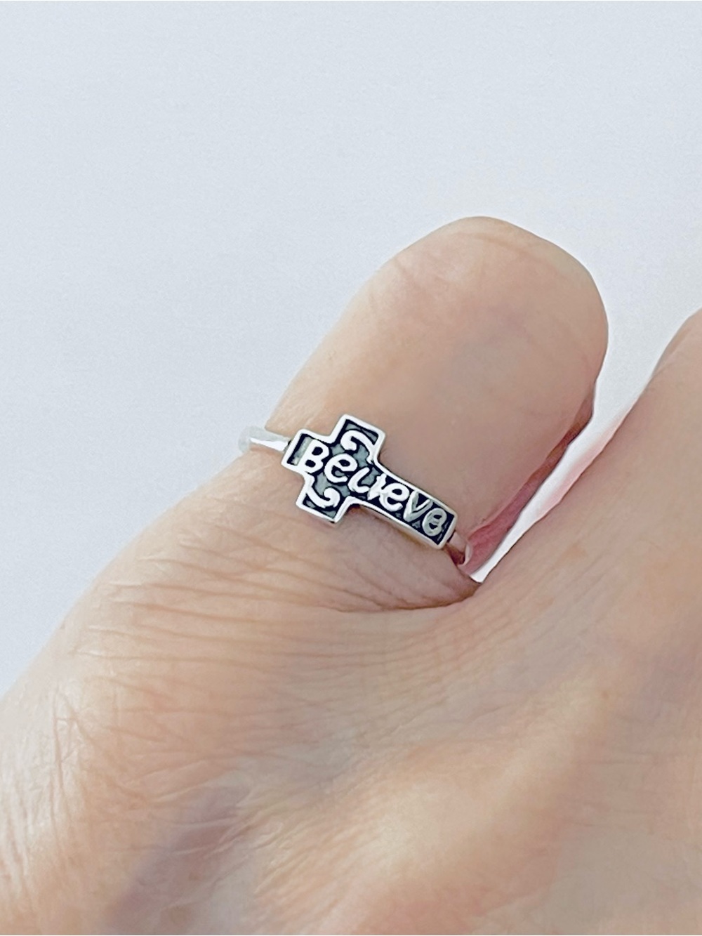 925 Sterling Silver Sideway Believe Cross Ring, Dainty Religious Silver Rings